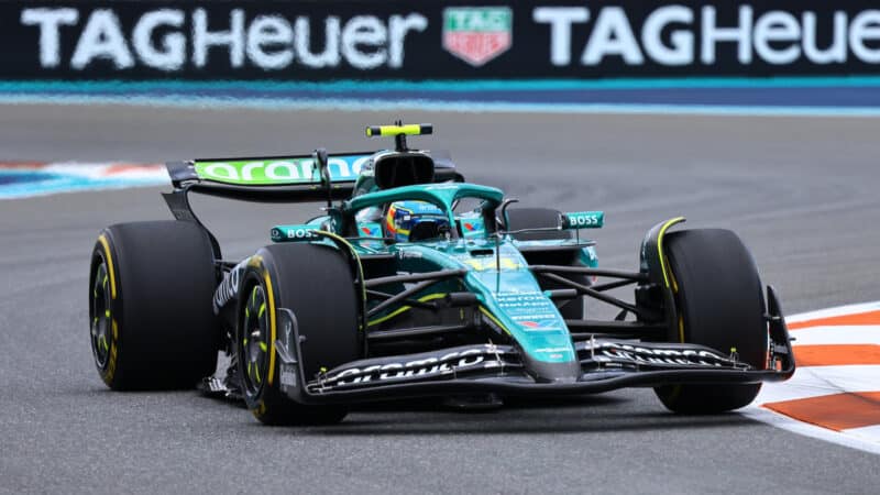 Fernando Alonso (Aston Martin-Mercedes) during practice for the 2025 Miami Grand Prix