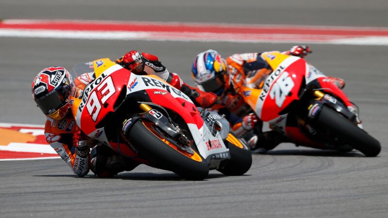Hondas of Marc Marquez and Dani Pedrosa in 2013 MotoGP United States Grand Prix