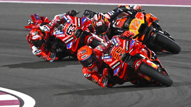 Marc Marquez leads in the 2025 MotoGP Qatar Grand Prix