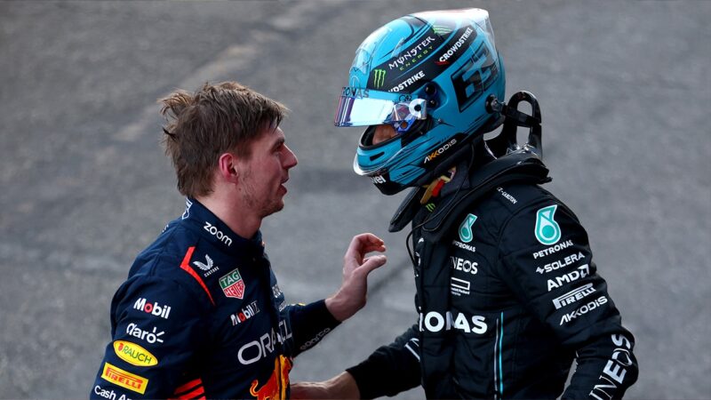 Max Verstappen argues with George Russell at the end of the 2023 Azerbaijan GP sprint race