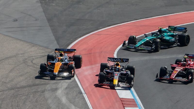 Max Verstappen pushes Lando Norris off track at the start of the 2024 F1 US Grand Prix